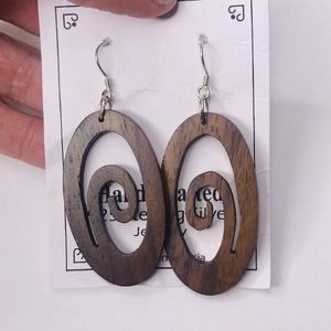 Handycrafted Wood Sterling Silver Hook Dangle Earrings NEW Swirl Oval